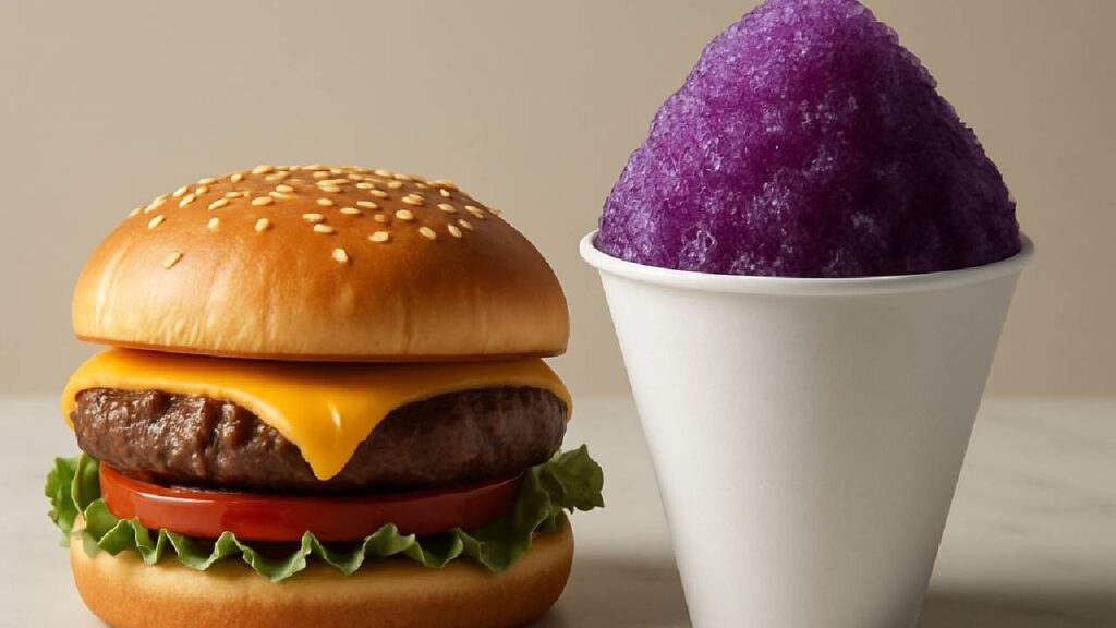 burger and grape snow cone